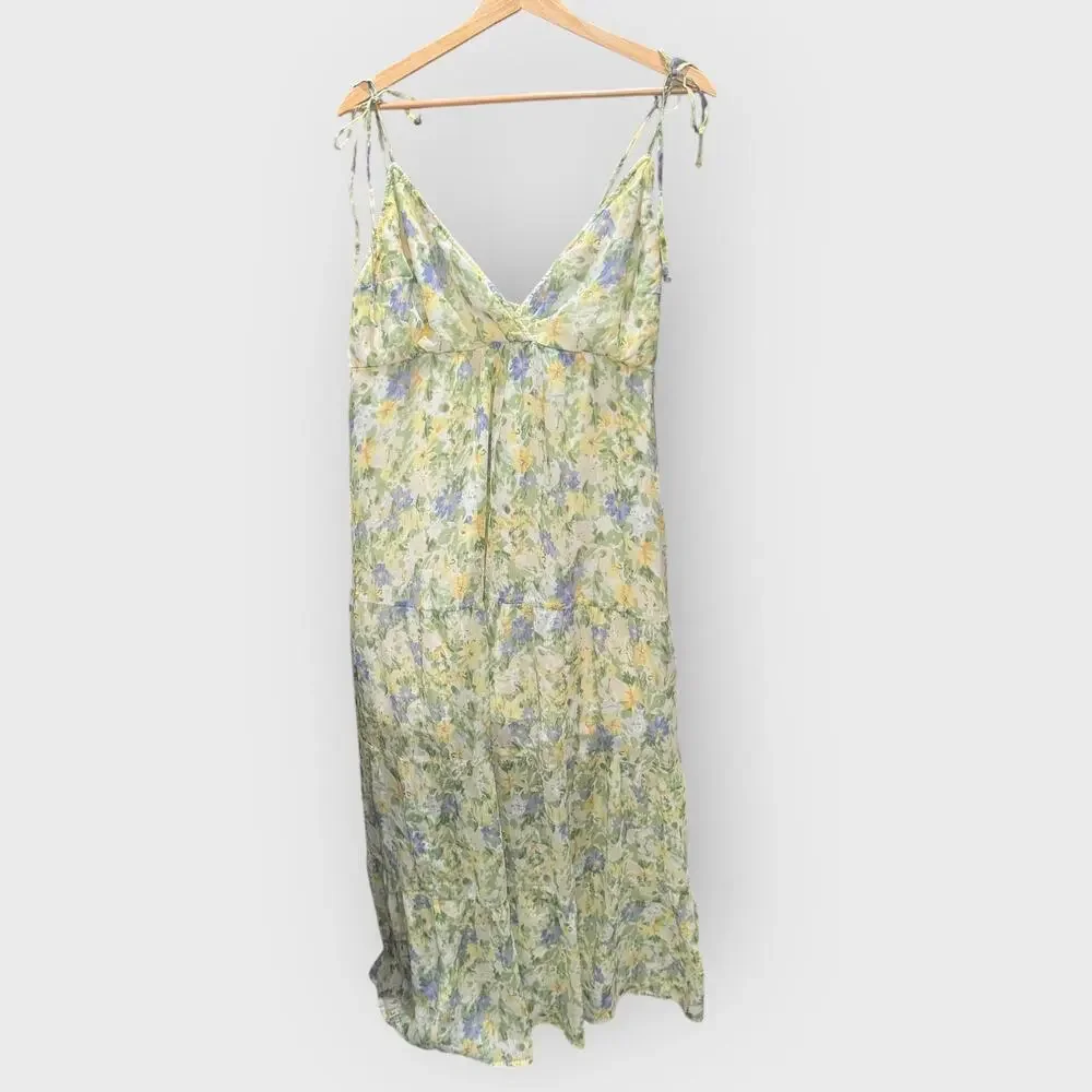 Abercrombie Green Maxi Dress XL Floral Tiered Strappy Resortwear